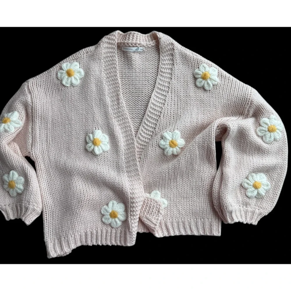 Altar'd State Daisy Flower Chunky Knit Open Front Cardigan Pink XL Coquette - Picture 2 of 10
